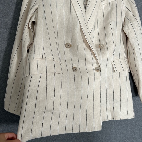 Banana Republic women size 16 double breasted blazer beige stripe 100% linen - Picture 5 of 11